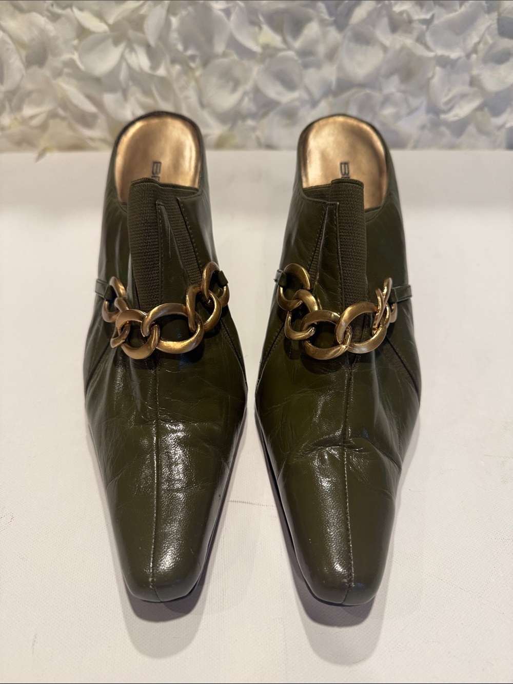 Bellini Olive Green Slip-On Mules with Gold Chain